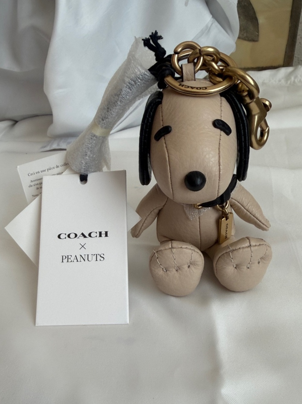 NWT Coach X Peanuts Chalk/Black Leather Snoopy Keychain w/Gold Hardware HTF